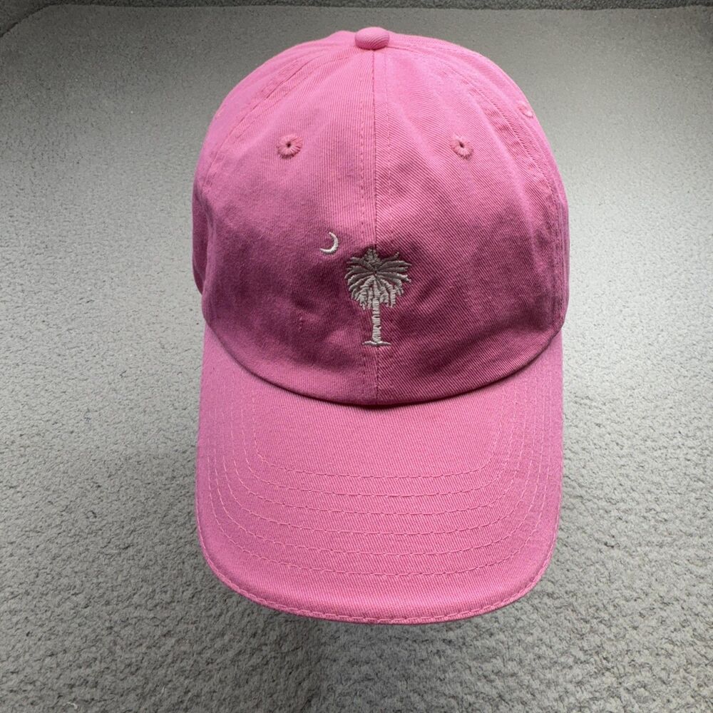 South Carolina Palm Tree Crescent‎ Moon Hat Cap Strap Back Pink Embroidered